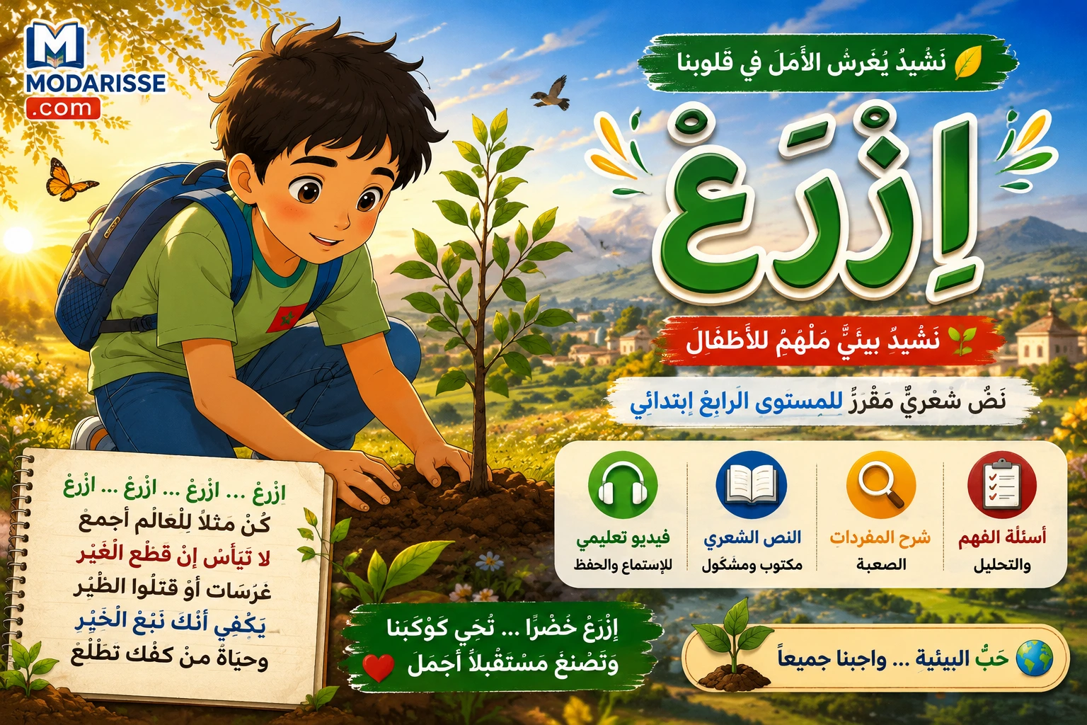 نشيد "ازرع" للمستوى الرابع ابتدائي (الكلمات المشكولة + أسئلة الفهم)